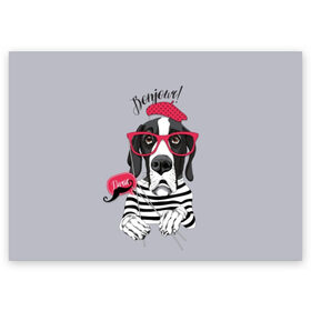 Поздравительная открытка с принтом Привет! в Санкт-Петербурге, 100% бумага | плотность бумаги 280 г/м2, матовая, на обратной стороне линовка и место для марки
 | animal | beret | breed | dog | france | german | illustration | inscription | mustache | paris | vest | берет | дог | животное | иллюстрация | надпись | немецкий | очки | париж | порода | собака | тельняшка | усы | франция