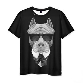 Мужская футболка 3D с принтом Питбуль в Санкт-Петербурге, 100% полиэфир | прямой крой, круглый вырез горловины, длина до линии бедер | animals | black | black and white | cool | dog | fight | gentleman | head | illustration | pitbull | swag | white | авторитет | белая | бойцовый | галстук бабочка | голова | джентльмен | животные | иллюстрация | костюм | крутой | очки | 
