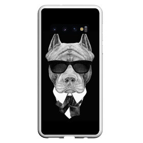 Чехол для Samsung Galaxy S10 с принтом Питбуль в Санкт-Петербурге, Силикон | Область печати: задняя сторона чехла, без боковых панелей | animals | black | black and white | cool | dog | fight | gentleman | head | illustration | pitbull | swag | white | авторитет | белая | бойцовый | галстук бабочка | голова | джентльмен | животные | иллюстрация | костюм | крутой | очки | 