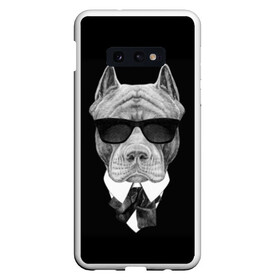 Чехол для Samsung S10E с принтом Питбуль в Санкт-Петербурге, Силикон | Область печати: задняя сторона чехла, без боковых панелей | animals | black | black and white | cool | dog | fight | gentleman | head | illustration | pitbull | swag | white | авторитет | белая | бойцовый | галстук бабочка | голова | джентльмен | животные | иллюстрация | костюм | крутой | очки | 