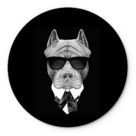 Коврик для мышки круглый с принтом Питбуль в Санкт-Петербурге, резина и полиэстер | круглая форма, изображение наносится на всю лицевую часть | animals | black | black and white | cool | dog | fight | gentleman | head | illustration | pitbull | swag | white | авторитет | белая | бойцовый | галстук бабочка | голова | джентльмен | животные | иллюстрация | костюм | крутой | очки | 