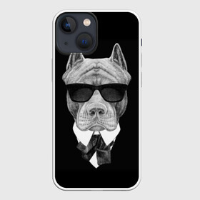 Чехол для iPhone 13 mini с принтом Питбуль в Санкт-Петербурге,  |  | animals | black | black and white | cool | dog | fight | gentleman | head | illustration | pitbull | swag | white | авторитет | белая | бойцовый | галстук бабочка | голова | джентльмен | животные | иллюстрация | костюм | крутой | очки | 