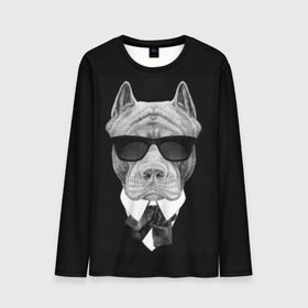 Мужской лонгслив 3D с принтом Питбуль в Санкт-Петербурге, 100% полиэстер | длинные рукава, круглый вырез горловины, полуприлегающий силуэт | animals | black | black and white | cool | dog | fight | gentleman | head | illustration | pitbull | swag | white | авторитет | белая | бойцовый | галстук бабочка | голова | джентльмен | животные | иллюстрация | костюм | крутой | очки | 