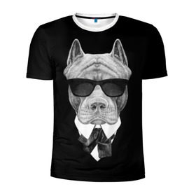 Мужская футболка 3D спортивная с принтом Питбуль в Санкт-Петербурге, 100% полиэстер с улучшенными характеристиками | приталенный силуэт, круглая горловина, широкие плечи, сужается к линии бедра | animals | black | black and white | cool | dog | fight | gentleman | head | illustration | pitbull | swag | white | авторитет | белая | бойцовый | галстук бабочка | голова | джентльмен | животные | иллюстрация | костюм | крутой | очки | 