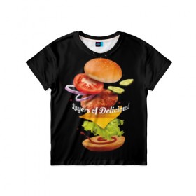 Детская футболка 3D с принтом Гамбургер в Санкт-Петербурге, 100% гипоаллергенный полиэфир | прямой крой, круглый вырез горловины, длина до линии бедер, чуть спущенное плечо, ткань немного тянется | Тематика изображения на принте: bun | cheese | cucumber | explosion | hamburger | ingredients | inscription | ketchup | meat | onion | salad | sesame | share | tomato | tomatoes | булочка | взрыв | гамбургер | доля | ингредиенты | кетчуп | кунжут | лук | мясо | надпись | огурец | помидо