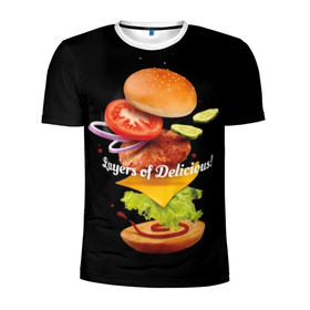 Мужская футболка 3D спортивная с принтом Гамбургер в Санкт-Петербурге, 100% полиэстер с улучшенными характеристиками | приталенный силуэт, круглая горловина, широкие плечи, сужается к линии бедра | Тематика изображения на принте: bun | cheese | cucumber | explosion | hamburger | ingredients | inscription | ketchup | meat | onion | salad | sesame | share | tomato | tomatoes | булочка | взрыв | гамбургер | доля | ингредиенты | кетчуп | кунжут | лук | мясо | надпись | огурец | помидо