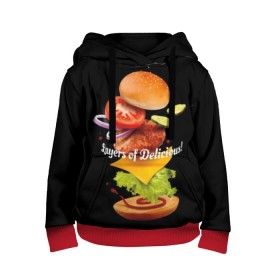 Детская толстовка 3D с принтом Гамбургер в Санкт-Петербурге, 100% полиэстер | двухслойный капюшон со шнурком для регулировки, мягкие манжеты на рукавах и по низу толстовки, спереди карман-кенгуру с мягким внутренним слоем | Тематика изображения на принте: bun | cheese | cucumber | explosion | hamburger | ingredients | inscription | ketchup | meat | onion | salad | sesame | share | tomato | tomatoes | булочка | взрыв | гамбургер | доля | ингредиенты | кетчуп | кунжут | лук | мясо | надпись | огурец | помидо