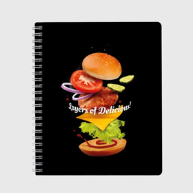 Тетрадь с принтом Гамбургер в Санкт-Петербурге, 100% бумага | 48 листов, плотность листов — 60 г/м2, плотность картонной обложки — 250 г/м2. Листы скреплены сбоку удобной пружинной спиралью. Уголки страниц и обложки скругленные. Цвет линий — светло-серый
 | bun | cheese | cucumber | explosion | hamburger | ingredients | inscription | ketchup | meat | onion | salad | sesame | share | tomato | tomatoes | булочка | взрыв | гамбургер | доля | ингредиенты | кетчуп | кунжут | лук | мясо | надпись | огурец | помидо