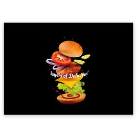 Поздравительная открытка с принтом Гамбургер в Санкт-Петербурге, 100% бумага | плотность бумаги 280 г/м2, матовая, на обратной стороне линовка и место для марки
 | Тематика изображения на принте: bun | cheese | cucumber | explosion | hamburger | ingredients | inscription | ketchup | meat | onion | salad | sesame | share | tomato | tomatoes | булочка | взрыв | гамбургер | доля | ингредиенты | кетчуп | кунжут | лук | мясо | надпись | огурец | помидо