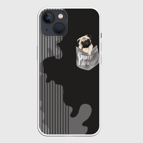 Чехол для iPhone 13 с принтом Мопс в кармане в Санкт-Петербурге,  |  | animal | breed | dog | funny | illustration | imprint | paw | pocket | pug | puppy | sits | small | trace | животное | иллюстрация | карман | лапа | маленький | мопс | отпечаток | порода | сидит | след | смешная | собака | щенок