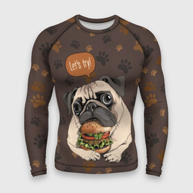 Мужской рашгард 3D с принтом lets try в Санкт-Петербурге,  |  | animal | breed | dog | food | funny | hamburger | illustration | inscription | meat | pug | puppy | sandwich | small | tomato | tomatoe | try | булочка | бутерброд | гамбургер | давай | еда | животное | иллюстрация | кушает | маленький | мопс | мясо | над