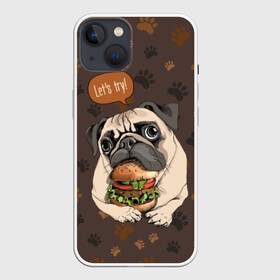 Чехол для iPhone 13 с принтом lets try в Санкт-Петербурге,  |  | animal | breed | dog | food | funny | hamburger | illustration | inscription | meat | pug | puppy | sandwich | small | tomato | tomatoe | try | булочка | бутерброд | гамбургер | давай | еда | животное | иллюстрация | кушает | маленький | мопс | мясо | над