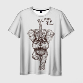 Мужская футболка 3D с принтом Yoga time в Санкт-Петербурге, 100% полиэфир | прямой крой, круглый вырез горловины, длина до линии бедер | animal | culture | elephant | graphics | india | indian | meditation | posture | stand | yoga | графика | животное | индийский | индия | йога | культура | медитация | слон | стойка
