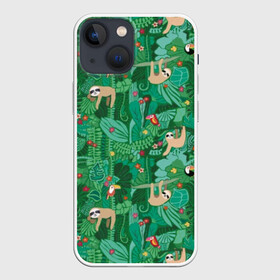 Чехол для iPhone 13 mini с принтом Ленивцы в Санкт-Петербурге,  |  | animal | birds | branches | cute | flowers | forest | hang | jungle | sloths | toucans | trees | tropical | ветки | висят | деревья | джунгли | животное | ленивцы | лес | милые | птицы | тропический | туканы | цветы