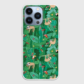 Чехол для iPhone 13 Pro с принтом Ленивцы в Санкт-Петербурге,  |  | animal | birds | branches | cute | flowers | forest | hang | jungle | sloths | toucans | trees | tropical | ветки | висят | деревья | джунгли | животное | ленивцы | лес | милые | птицы | тропический | туканы | цветы