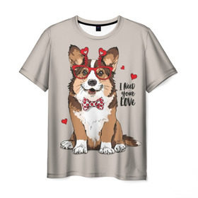 Мужская футболка 3D с принтом I need your love в Санкт-Петербурге, 100% полиэфир | прямой крой, круглый вырез горловины, длина до линии бедер | Тематика изображения на принте: animal | bow tie | breed | corgi | cute | dog | funny | hearts | holiday | pembroke | polka dot | red | saint | valentine | валентина | вельш корги | галстук бабочка | горошек | день | животное | красный | любовь | милая | очки | пемброк | пород