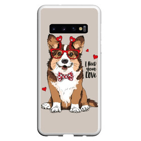 Чехол для Samsung Galaxy S10 с принтом I need your love в Санкт-Петербурге, Силикон | Область печати: задняя сторона чехла, без боковых панелей | animal | bow tie | breed | corgi | cute | dog | funny | hearts | holiday | pembroke | polka dot | red | saint | valentine | валентина | вельш корги | галстук бабочка | горошек | день | животное | красный | любовь | милая | очки | пемброк | пород