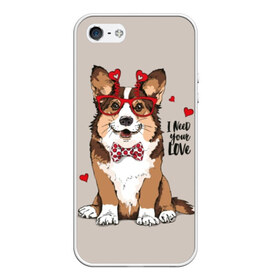Чехол для iPhone 5/5S матовый с принтом I need your love в Санкт-Петербурге, Силикон | Область печати: задняя сторона чехла, без боковых панелей | animal | bow tie | breed | corgi | cute | dog | funny | hearts | holiday | pembroke | polka dot | red | saint | valentine | валентина | вельш корги | галстук бабочка | горошек | день | животное | красный | любовь | милая | очки | пемброк | пород
