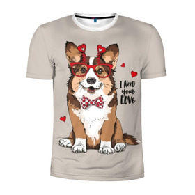 Мужская футболка 3D спортивная с принтом I need your love в Санкт-Петербурге, 100% полиэстер с улучшенными характеристиками | приталенный силуэт, круглая горловина, широкие плечи, сужается к линии бедра | animal | bow tie | breed | corgi | cute | dog | funny | hearts | holiday | pembroke | polka dot | red | saint | valentine | валентина | вельш корги | галстук бабочка | горошек | день | животное | красный | любовь | милая | очки | пемброк | пород