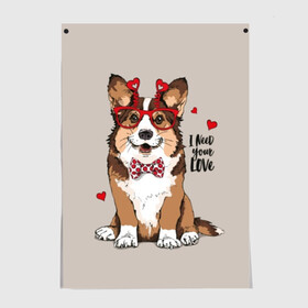 Постер с принтом I need your love в Санкт-Петербурге, 100% бумага
 | бумага, плотность 150 мг. Матовая, но за счет высокого коэффициента гладкости имеет небольшой блеск и дает на свету блики, но в отличии от глянцевой бумаги не покрыта лаком | animal | bow tie | breed | corgi | cute | dog | funny | hearts | holiday | pembroke | polka dot | red | saint | valentine | валентина | вельш корги | галстук бабочка | горошек | день | животное | красный | любовь | милая | очки | пемброк | пород