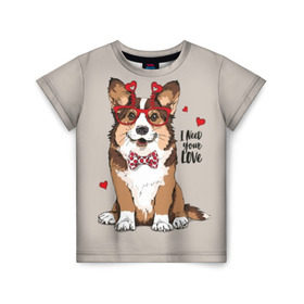 Детская футболка 3D с принтом I need your love в Санкт-Петербурге, 100% гипоаллергенный полиэфир | прямой крой, круглый вырез горловины, длина до линии бедер, чуть спущенное плечо, ткань немного тянется | Тематика изображения на принте: animal | bow tie | breed | corgi | cute | dog | funny | hearts | holiday | pembroke | polka dot | red | saint | valentine | валентина | вельш корги | галстук бабочка | горошек | день | животное | красный | любовь | милая | очки | пемброк | пород