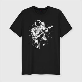 Мужская футболка премиум с принтом Cosmorock в Санкт-Петербурге, 92% хлопок, 8% лайкра | приталенный силуэт, круглый вырез ворота, длина до линии бедра, короткий рукав | cosmonaut | cosmos | guitar | music | rock | space | spacesuit | star | гитара | звезда | космонавт | космос | музыка | скафандр