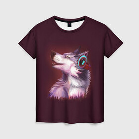 Женская футболка 3D с принтом Волк в Санкт-Петербурге, 100% полиэфир ( синтетическое хлопкоподобное полотно) | прямой крой, круглый вырез горловины, длина до линии бедер | волк | животные | игры | музыка | наушники | собака | хаски