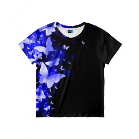 Детская футболка 3D с принтом СИНИЕ БАБОЧКИ в Санкт-Петербурге, 100% гипоаллергенный полиэфир | прямой крой, круглый вырез горловины, длина до линии бедер, чуть спущенное плечо, ткань немного тянется | butterflies | texture | бабочки | мода | текстуры | эффект бабочки