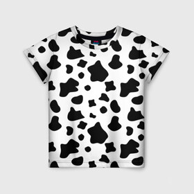 Детская футболка 3D с принтом Корова в Санкт-Петербурге, 100% гипоаллергенный полиэфир | прямой крой, круглый вырез горловины, длина до линии бедер, чуть спущенное плечо, ткань немного тянется | Тематика изображения на принте: animal | black white | cow | pattern | животное | кавай | корова | паттерн | пятна | черно белое