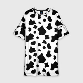 Детское платье 3D с принтом Корова в Санкт-Петербурге, 100% полиэстер | прямой силуэт, чуть расширенный к низу. Круглая горловина, на рукавах — воланы | Тематика изображения на принте: animal | black white | cow | pattern | животное | кавай | корова | паттерн | пятна | черно белое