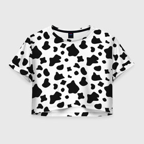 Женская футболка Crop-top 3D с принтом Корова в Санкт-Петербурге, 100% полиэстер | круглая горловина, длина футболки до линии талии, рукава с отворотами | animal | black white | cow | pattern | животное | кавай | корова | паттерн | пятна | черно белое