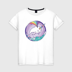 Женская футболка хлопок с принтом Нарвал в Санкт-Петербурге, 100% хлопок | прямой крой, круглый вырез горловины, длина до линии бедер, слегка спущенное плечо | narwhal | единорог | летние | лето | море | нарвал | радуга | рыба | рыбы