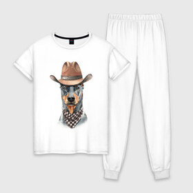 Женская пижама хлопок с принтом Доберман в Санкт-Петербурге, 100% хлопок | брюки и футболка прямого кроя, без карманов, на брюках мягкая резинка на поясе и по низу штанин | dobermann | dog | доберман | собака | собаки