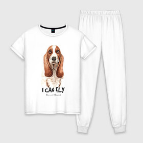 Женская пижама хлопок с принтом Бассет-хаунд в Санкт-Петербурге, 100% хлопок | брюки и футболка прямого кроя, без карманов, на брюках мягкая резинка на поясе и по низу штанин | Тематика изображения на принте: dog | бассет | бассет хаунд | собака | собаки | хаунд