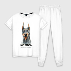 Женская пижама хлопок с принтом Доберман в Санкт-Петербурге, 100% хлопок | брюки и футболка прямого кроя, без карманов, на брюках мягкая резинка на поясе и по низу штанин | doberman | доберман | пинчер | собака | собаки