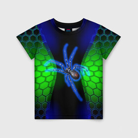 Детская футболка 3D с принтом Паук на ночной охоте в Санкт-Петербурге, 100% гипоаллергенный полиэфир | прямой крой, круглый вырез горловины, длина до линии бедер, чуть спущенное плечо, ткань немного тянется | Тематика изображения на принте: зеленая броня | зеленый неон | классный дизайн | ночь | паук | паук дизайн | паук на охоте | паук охотник | пчелиные | соты | темная футболка | футболка с пауком | черные соты