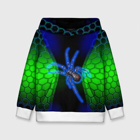 Детская толстовка 3D с принтом Паук на ночной охоте в Санкт-Петербурге, 100% полиэстер | двухслойный капюшон со шнурком для регулировки, мягкие манжеты на рукавах и по низу толстовки, спереди карман-кенгуру с мягким внутренним слоем | Тематика изображения на принте: зеленая броня | зеленый неон | классный дизайн | ночь | паук | паук дизайн | паук на охоте | паук охотник | пчелиные | соты | темная футболка | футболка с пауком | черные соты