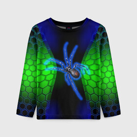 Детский лонгслив 3D с принтом Паук на ночной охоте в Санкт-Петербурге, 100% полиэстер | длинные рукава, круглый вырез горловины, полуприлегающий силуэт
 | зеленая броня | зеленый неон | классный дизайн | ночь | паук | паук дизайн | паук на охоте | паук охотник | пчелиные | соты | темная футболка | футболка с пауком | черные соты