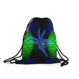 Рюкзак-мешок 3D с принтом Паук на ночной охоте в Санкт-Петербурге, 100% полиэстер | плотность ткани — 200 г/м2, размер — 35 х 45 см; лямки — толстые шнурки, застежка на шнуровке, без карманов и подкладки | Тематика изображения на принте: зеленая броня | зеленый неон | классный дизайн | ночь | паук | паук дизайн | паук на охоте | паук охотник | пчелиные | соты | темная футболка | футболка с пауком | черные соты