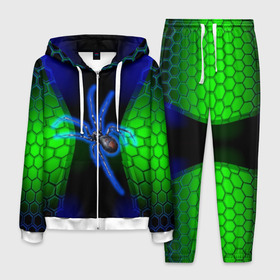 Мужской костюм 3D с принтом Паук на ночной охоте в Санкт-Петербурге, 100% полиэстер | Манжеты и пояс оформлены тканевой резинкой, двухслойный капюшон со шнурком для регулировки, карманы спереди | зеленая броня | зеленый неон | классный дизайн | ночь | паук | паук дизайн | паук на охоте | паук охотник | пчелиные | соты | темная футболка | футболка с пауком | черные соты