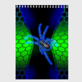 Скетчбук с принтом Паук на ночной охоте в Санкт-Петербурге, 100% бумага
 | 48 листов, плотность листов — 100 г/м2, плотность картонной обложки — 250 г/м2. Листы скреплены сверху удобной пружинной спиралью | зеленая броня | зеленый неон | классный дизайн | ночь | паук | паук дизайн | паук на охоте | паук охотник | пчелиные | соты | темная футболка | футболка с пауком | черные соты