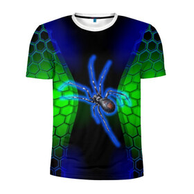 Мужская футболка 3D спортивная с принтом Паук на ночной охоте в Санкт-Петербурге, 100% полиэстер с улучшенными характеристиками | приталенный силуэт, круглая горловина, широкие плечи, сужается к линии бедра | зеленая броня | зеленый неон | классный дизайн | ночь | паук | паук дизайн | паук на охоте | паук охотник | пчелиные | соты | темная футболка | футболка с пауком | черные соты