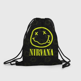 Рюкзак-мешок 3D с принтом Nirvana 1 в Санкт-Петербурге, 100% полиэстер | плотность ткани — 200 г/м2, размер — 35 х 45 см; лямки — толстые шнурки, застежка на шнуровке, без карманов и подкладки | cobain | kurt | kurt cobain | nirvana | rock | smile | гитара | кобейн | курт | курт кобейн | нирвана | рок