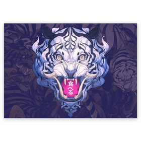 Поздравительная открытка с принтом ТИГР в Санкт-Петербурге, 100% бумага | плотность бумаги 280 г/м2, матовая, на обратной стороне линовка и место для марки
 | 24 на 7 тигр | арт | взгляд | иллюстрация | клыки | кот | коты | котяра | кошка | кошки | самурай | свирепый взгляд | скетч | тигр | тигры | цифровой рисунок | япония | японский арт | японский тигр
