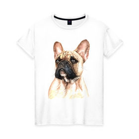 Женская футболка хлопок с принтом Французский бульдог в Санкт-Петербурге, 100% хлопок | прямой крой, круглый вырез горловины, длина до линии бедер, слегка спущенное плечо | bulldog | dog | бульдог | собака | собаки | французский бульдог