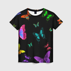 Женская футболка 3D с принтом Ночные Бабочки в Санкт-Петербурге, 100% полиэфир ( синтетическое хлопкоподобное полотно) | прямой крой, круглый вырез горловины, длина до линии бедер | butterfly | бабочка | бабочки | биология | животные | краски | крылья | насекомые | ночь | разноцветные | черный | яркие