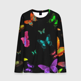 Мужской лонгслив 3D с принтом Ночные Бабочки в Санкт-Петербурге, 100% полиэстер | длинные рукава, круглый вырез горловины, полуприлегающий силуэт | butterfly | бабочка | бабочки | биология | животные | краски | крылья | насекомые | ночь | разноцветные | черный | яркие
