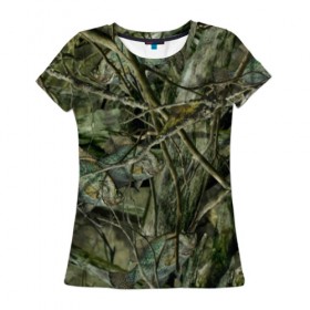 Женская футболка 3D с принтом Лесной камуфляж в Санкт-Петербурге, 100% полиэфир ( синтетическое хлопкоподобное полотно) | прямой крой, круглый вырез горловины, длина до линии бедер | камуфляж | лесной камуфляж