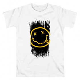 Мужская футболка хлопок с принтом NIRVANA в Санкт-Петербурге, 100% хлопок | прямой крой, круглый вырез горловины, длина до линии бедер, слегка спущенное плечо. | music | nirvana | rip smile | rock | smile | группа | курт кобейн | музыка | нирвана | рок | смайл
