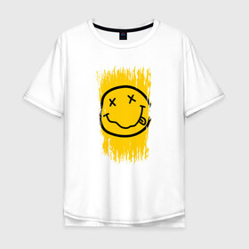 Мужская футболка хлопок Oversize с принтом NIRVANA в Санкт-Петербурге, 100% хлопок | свободный крой, круглый ворот, “спинка” длиннее передней части | Тематика изображения на принте: music | nirvana | rip smile | rock | smile | группа | курт кобейн | музыка | нирвана | рок | смайл